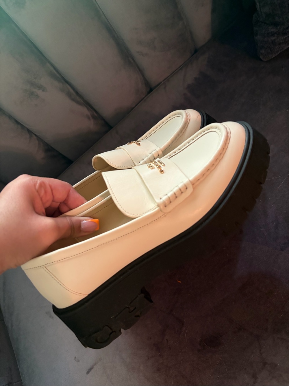 Coach Cream Platform Penny Loafers with Gold Accent